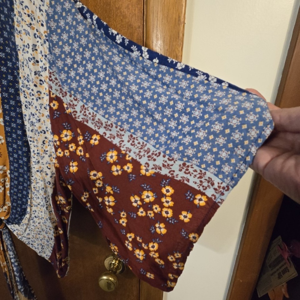 Polly & Esther Blue and Mustard Mixed Floral Tie-Front Blouse - Picture 4 of 10